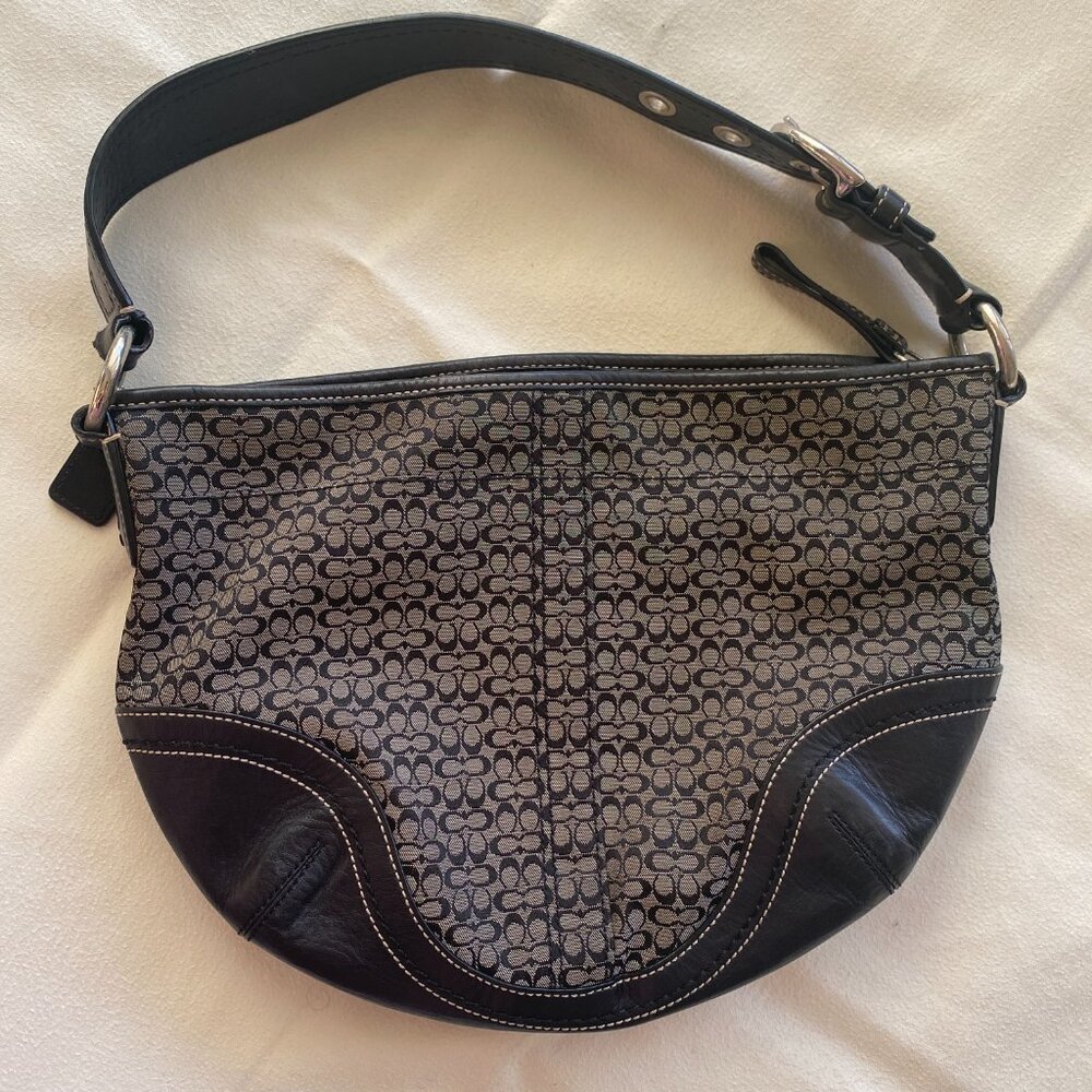 Coach Signature Logo Hobo Satchel Suede Leather Black Bag Purse Handbag Small